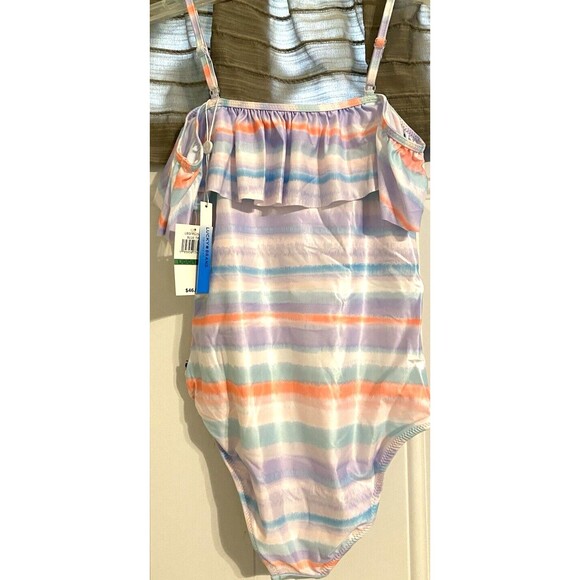LUCKY BRAND Sz L (12/14) Big GIRLS Swimsuit 1 PC RUFFLE Striped Off Shoulder NEW - Picture 2 of 8